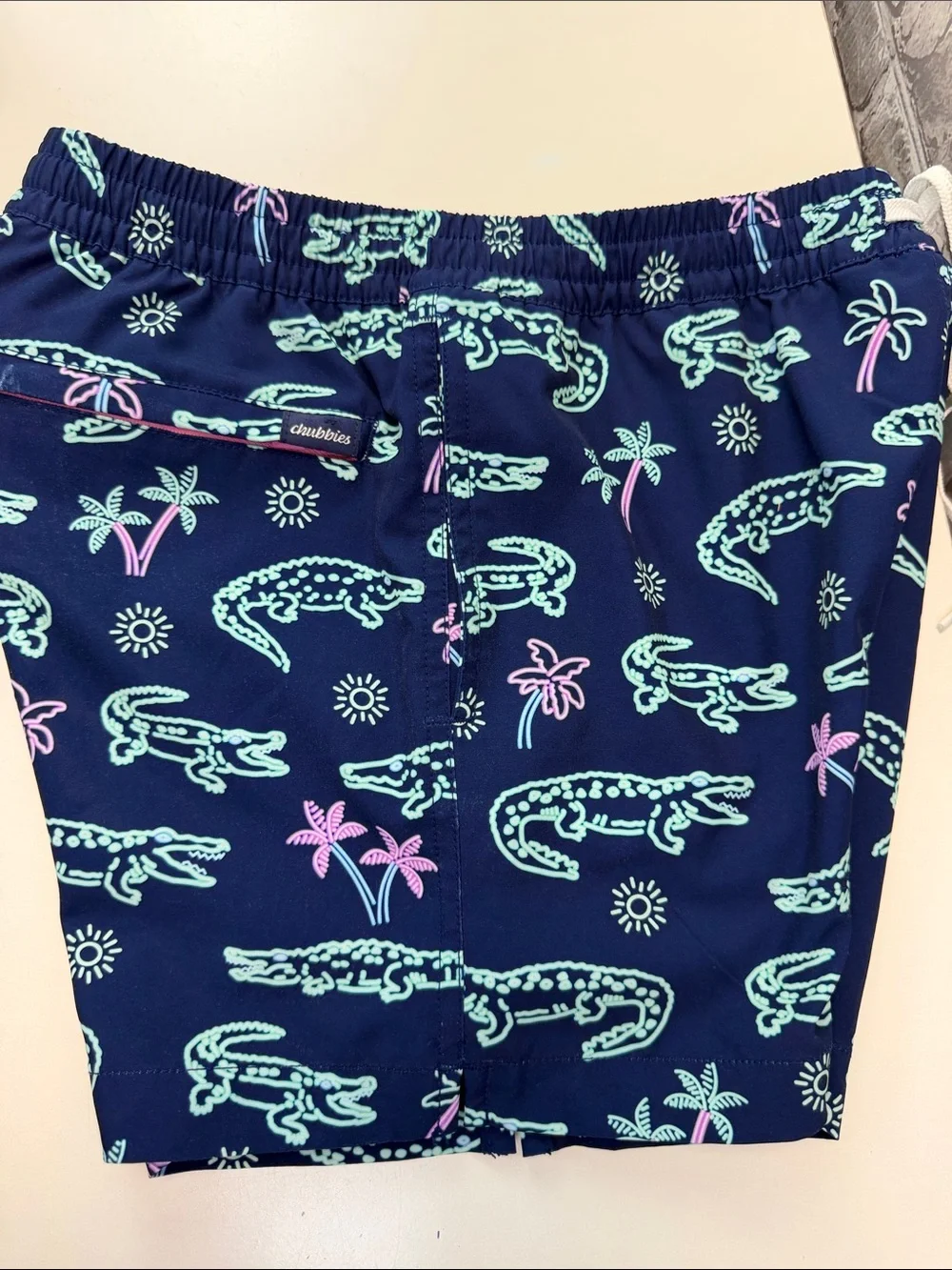 Boy's Chubbies Navy Swim Trunks with Mint & Pink Crocodile Print